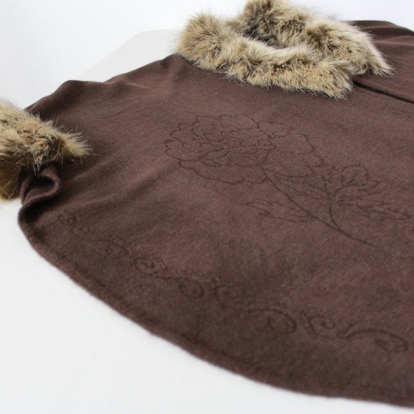 Brown Faux Fur Trim Floral Embossed Wrap Shawl - Picture 3 of 7